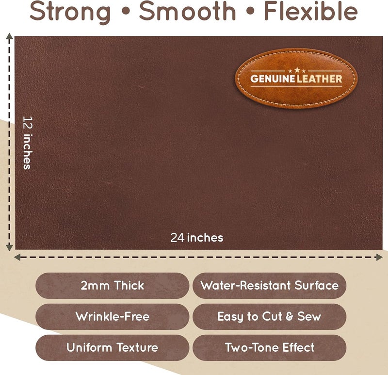 Tuzech Full Grain Genuine Cowhide Leather Sheets for Crafts – 2mm Thick Squares for Leather Craft Projects (12 x 24 Inches, Dark Brown) - Image 5